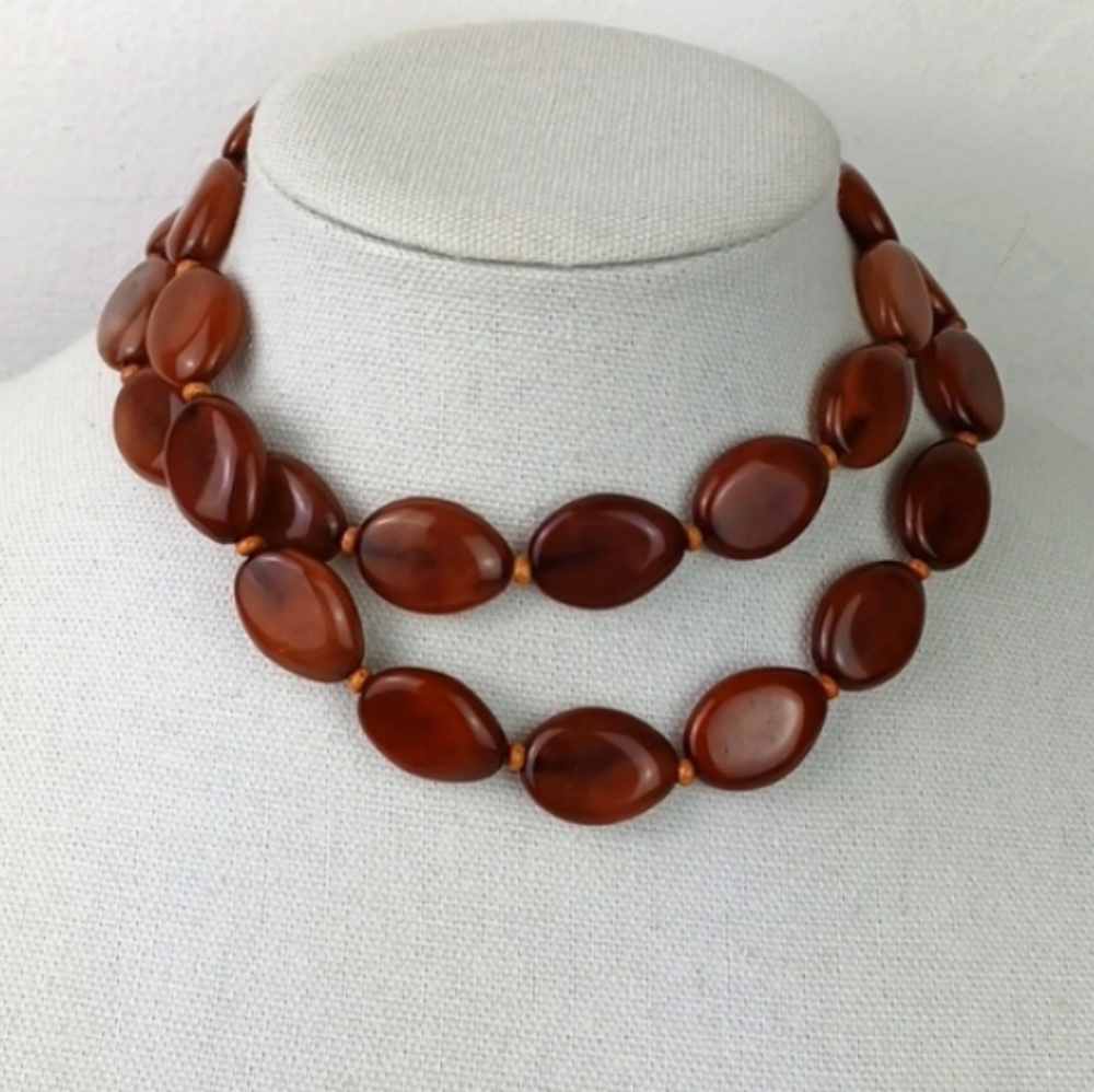 Vintage Style Burnt Carmel DBL Layer Glass Bead Choker Necklace - Picture 3 of 14